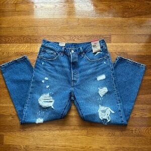 Levi's 501 Women’s Straight Blue Jeans with Distressed Details